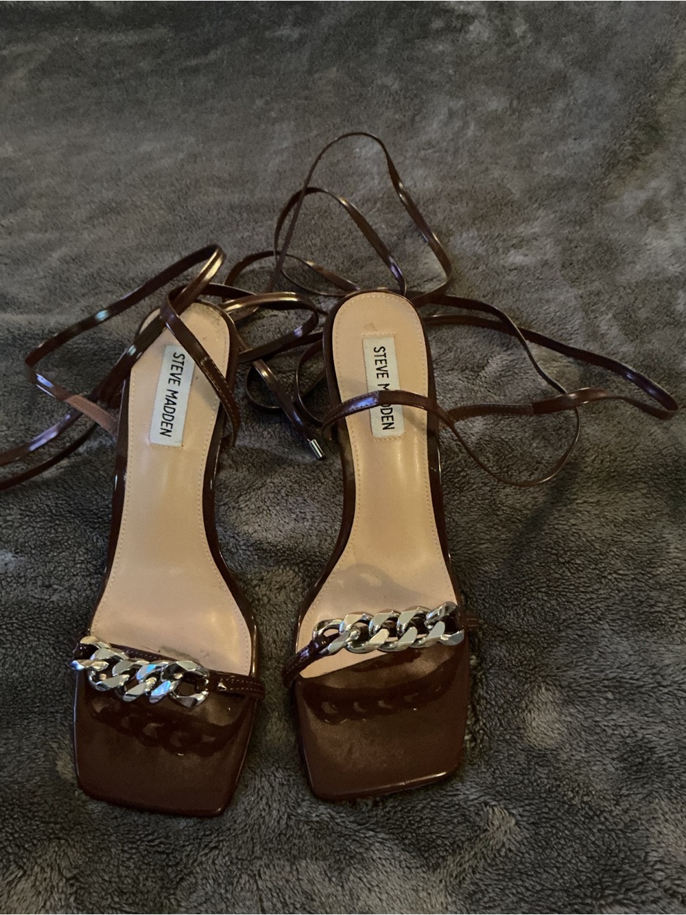 Steve Madden Brown Patent Chain-Link Ankle Wrap Sandals